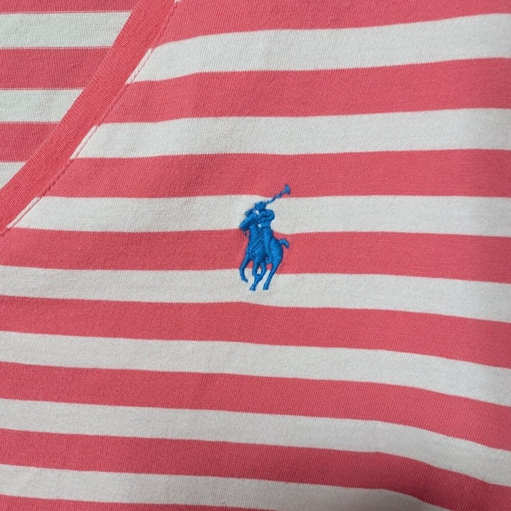 Ralph Lauren Sport T-Shirt Striped V-Neck with Logo Pink White Vintage Size XL - Picture 2 of 9